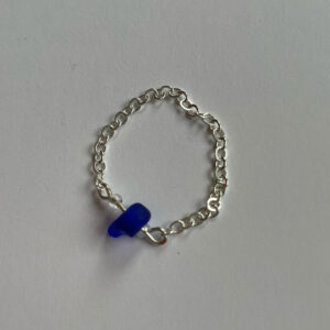 Navy Blue Sea Glass Silver Chain Ring